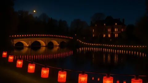 Cancer Research UK Bridge pictured in darkness with orange lanterns along the river.