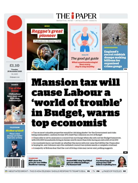 "Mansion tax will cause Labour a 'world of trouble' in Budget, warns top economist," reads the headline on the front page of the i Newspaper.