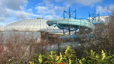 Run down water slide in a snake-like shape, with the dome in the background and trees in the foreground. 