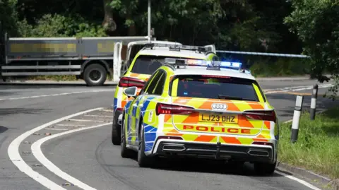 Eddie Mitchell Two police cars are parked on the side of the road. There is a grass verge and a lorry off in the distance.