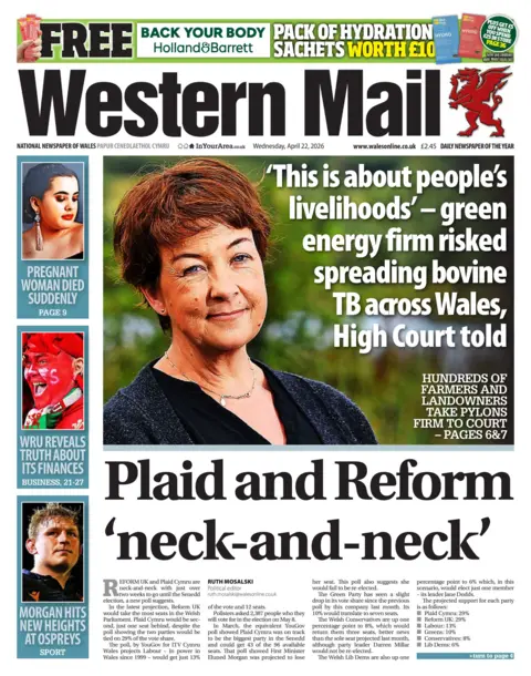 Western Mail Front page of the Western Mail. The headline reads 'Plaid and Reform neck-and-neck'.