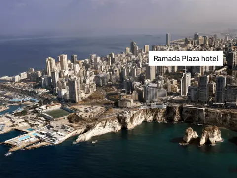 AFP via Getty Images General view of the Mediterranean coastline in central Beirut, with the Ramada Plaza highlighted