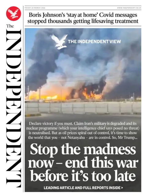 The headline on the front page of the Independent reads: "Stop the madness now - end this war before its too late."