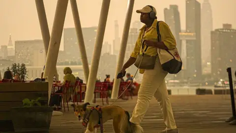 Orange haze in the New York city sky as a woman walks her dog