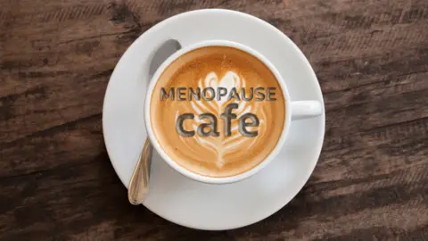 Graphic of a cup of coffee with the words: Menopause cafe