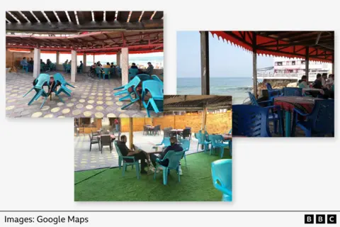 Collage of three images showing seating areas of Al-Baqa in Gaza before it was heavily damaged by an Israeli strike. Each photo features plastic chairs and tables, some under shaded canopies, with people sitting in pairs and groups. The cafe has views of the sea and is furnished simply with bright blue chairs and patterned flooring. The images are taken from pictures people have uploaded to Google Maps.