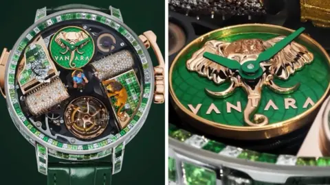 A close-up of a luxury wristwatch with a green-and-gold theme, showing an intricate open dial with gemstones, tiny, sculpted figures and animals inside, and the word “Vantara” beneath a gold elephant emblem, alongside a zoomed-in view of the green dial and elephant logo
