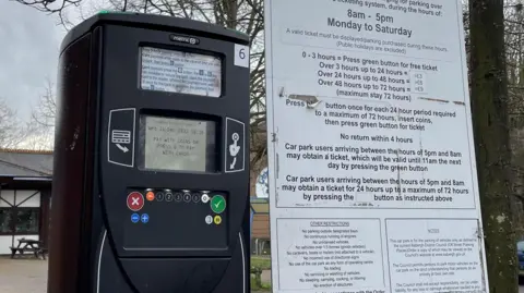 Babergh District Council/LDRS A sign and a parking machine in a car park