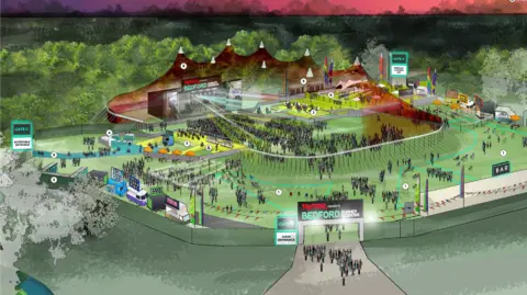 Cuff & Taylor An artists impression of what Bedford Park concert looks like, with entrances and exits, people, a stage, trees and greenery