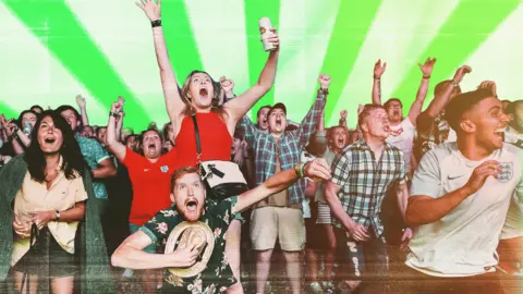 BBC Designed image of a crowd of people, some in England football shirts, cheering - with a green sunburst in the background. 