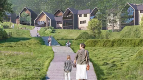 Pegasus Group/Torbay Council An artist's concept of the development showing modern houses and people walking up a long staircase with grass either side. 
