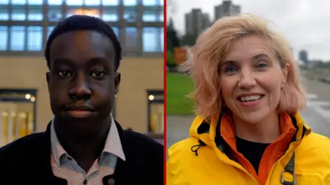 Split screen of a man and a woman