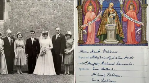 Enid Holbrow Two photos - a black and white one of a wedding party posing against an outside wall and a baptism certificate dated 1961