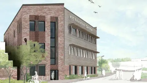 An artist's impression of the planned health education centre near Hereford County Hospital. The building is on three floors, made of red bricks with cgi images of white outlines of people in front, along with trees.