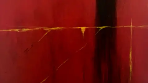 Betsy Smith A red painting with a black vertical strip and thinner yellow lines across top section and right hand side