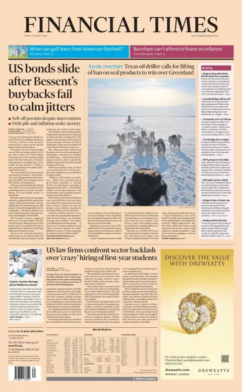 The headline on the front page of the Financial Times reads: "US bonds slide after Bessent's buybacks fail to calm jitters."