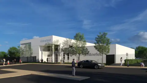 Hull City Council A CGI artists' impression of the new school, a large, white modern building surrounded by trees and shrubs. There is a car park to the front of the school.