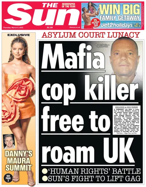 The headline on the front page of the Sun reads: "Mafia cop killer free to roam UK."