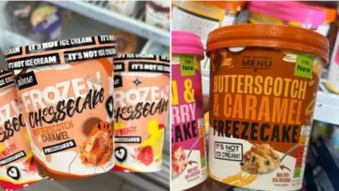 Joe Moruzzi/Uk Newest Foods Pleese branded Freezecakes (left) alongside Aldi's Freezecake product. Pleese is in a light orange tub. Aldi's is in a dark brown tub. 