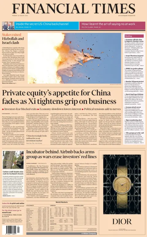 A dramatic image of a Hezbollah drone being intercepted by Israeli forces is on The Financial Times front page. The paper reports the impact of the biggest exchange of airstrikes between the Iran-backed militant group and Israel will "still have to be assessed". The front page also says some of the largest private equity firms have paused deal making with China due to "geopolitical tensions". 
