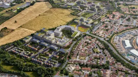 We Are Somewhere An aerial photo of an artist's impression of the new site next to GCHQ with a central horseshoe shaped centre surrounded by housing and fields 