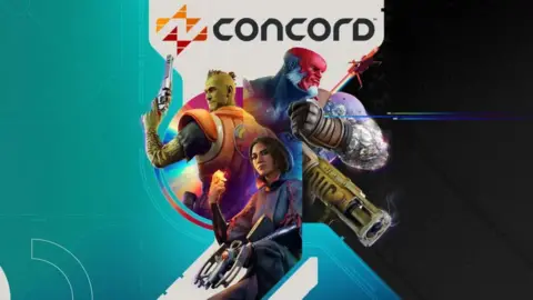 Sony The key art for the game Concord, showing in-game three characters each holding unusual weapons and the words "Concord" above it, against a white and blue background.