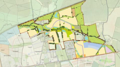 A map outlining a new housing development which has been put forward by Persimmon Homes 