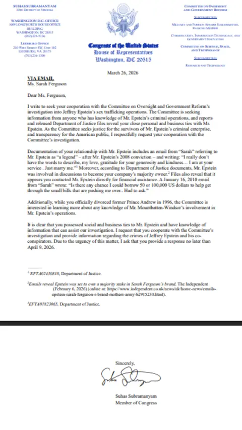 A screenshot of the letter to Sarah Ferguson