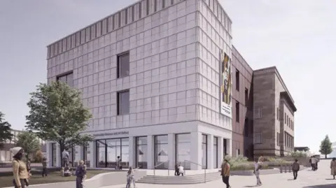 Kirklees Council An artist's impression shows the building set to house Huddersfield's new museum and art gallery. It is grey with large windows on the bottom floor.
