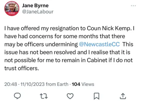 X/Jane Byrne The deleted X (formerly Twitter) post from Jane Byrne, announcing her resignation from Newcastle City Council's cabinet.
