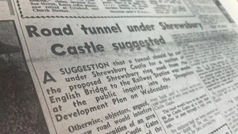 Shrewsbury Chronicle/Shropshire Archives A picture of a newspaper headline reading "Road tunnel under Shrewsbury Castle suggested"