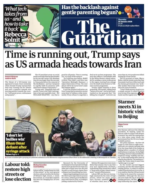The headline on the front page of the Guardian reads: "Time is running out, Trump says as US armada heads towards Iran".