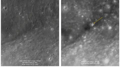Before and after pictures of the Moon after SpaceX debris hit its surface.