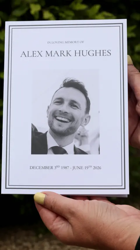 Manchester Evening News Alex Hughes' order of service front page includes a black and white portrait photo