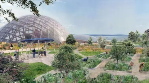Eden Project Morecambe A CGI image of the site shows a large glass dome to the left next to a smaller one in the distance near the sea. To the front are extensive landscaped gardens with pathways