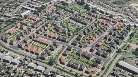 An artists' impression showing a new build development of houses