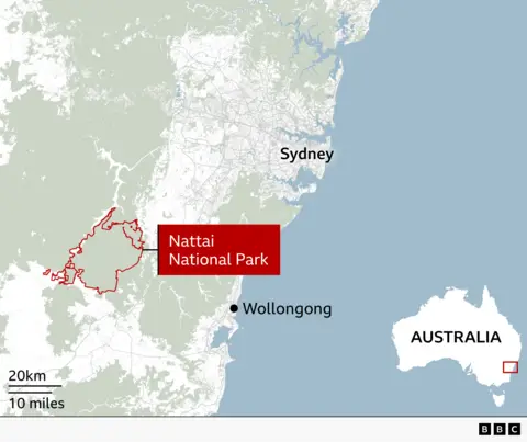 Map of the Sydney region in New South Wales, Australia, showing the location of Nattai National Park. The park is highlighted with a red outline south-west of Sydney and north-west of Wollongong. Labels mark Sydney and Wollongong, while an inset map of Australia highlights the park's location in south-eastern Australia.