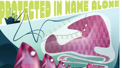 The image is a stylised protest poster focused on commercial fishing and its impact on marine life. Across the top, large green text reads "PROTECTED IN NAME ALONE". In the foreground is a line of pink fish stretching into the distance, many appearing trapped within a large fishing net that dominates the centre of the image. 