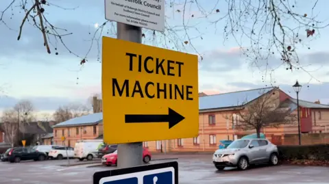 A car park with a yellow sign that reads ticket machine and a black arrow directing people towards the right. Cars are parked in the car park. 