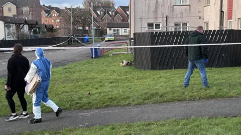 A small brown and white dog sniffing the ground next to a fence outside a house. A man stands on the grass looking at the ground. Two people are walking past, one of them wearing a forensic suit. Down the street a police car is parked on the side of the road. The street is covered in police tape.