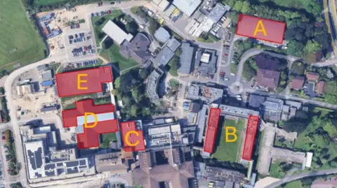 North Yorkshire Council The image is a satellite view of Scarborough Hospital site with several buildings highlighted in red and labeled with large yellow letters.