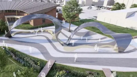 Boston Borough Council An artist impression of a manicured landscape with a wavy metallic-looking installation spanning across a concrete floor, and is surrounded by a lawn and a building in the top left