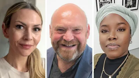 Three individuals shown in separate vertical panels. The person on the left, Aimee Bradley, has light‑coloured hair tied back and is wearing a light knit top. The person in the centre, Bill Revans, is bald and is wearing a collared shirt with a jacket. The person on the right, Marsha Martins, is wearing a textured head covering, layered necklaces, and a knitted outer garment, with framed artwork visible on the wall behind.