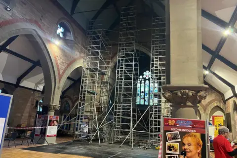 Scaffolding in a church room