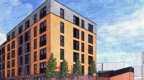 Made Architecture An artist's impression depicting a six storey residential building which is coloured orange on the bottom five floors and grey at the top.