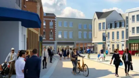 An artist's impression of an outdoor space surrounded by buildings. There are people walking and one person with a bicycle. The scene is set against a blue sky with clouds.