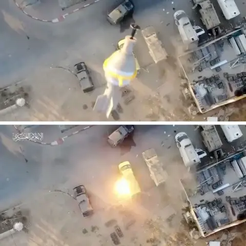 Telegram Two aerial images of a Hamas drone strike targeting vehicles inside the base. In the top one, the explosive device can be seen falling in the air. In the bottom one, it is the start of the moment of impact on a vehicle