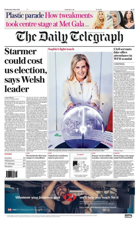 The headline on the front page of the Daily Telegraph reads: "Starmer could cost us election, says Welsh leader." 