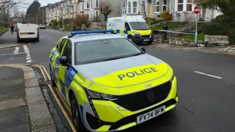 A police car and police forensics van are parked on Lipson Road in Plymouth while an investigation takes place. A cordon with police tape and a police officer has been set up outside a home on the road.
