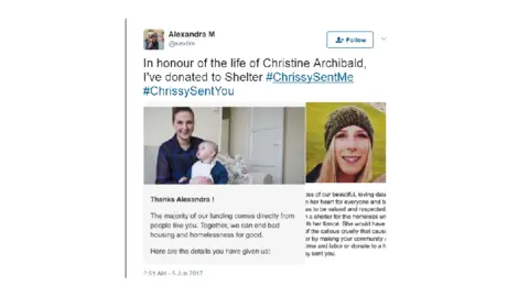 Twitter/@alex8ra People are donating to shelters and using #chrissysentme